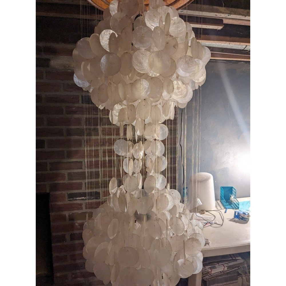 1960s-1970s Vintage 2-Tier Capiz Shell Hanging Chandelier Light
